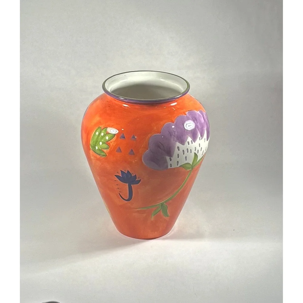 Susan Sargent Hand Painted Ceramic Floral Vase Orange Purple Studio Pottery 10in